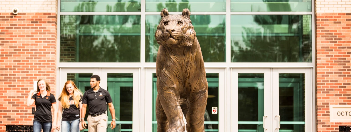 A bronze tiger statue in front of Doane University