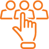 Orange image depicting a pointer hand pointing at the middle of three person icons.