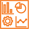 Orange image depicting a gear and several different types of charts.