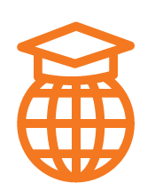 an icon of lines in the shape of a globe, representing the internet, with a graduation cap on top